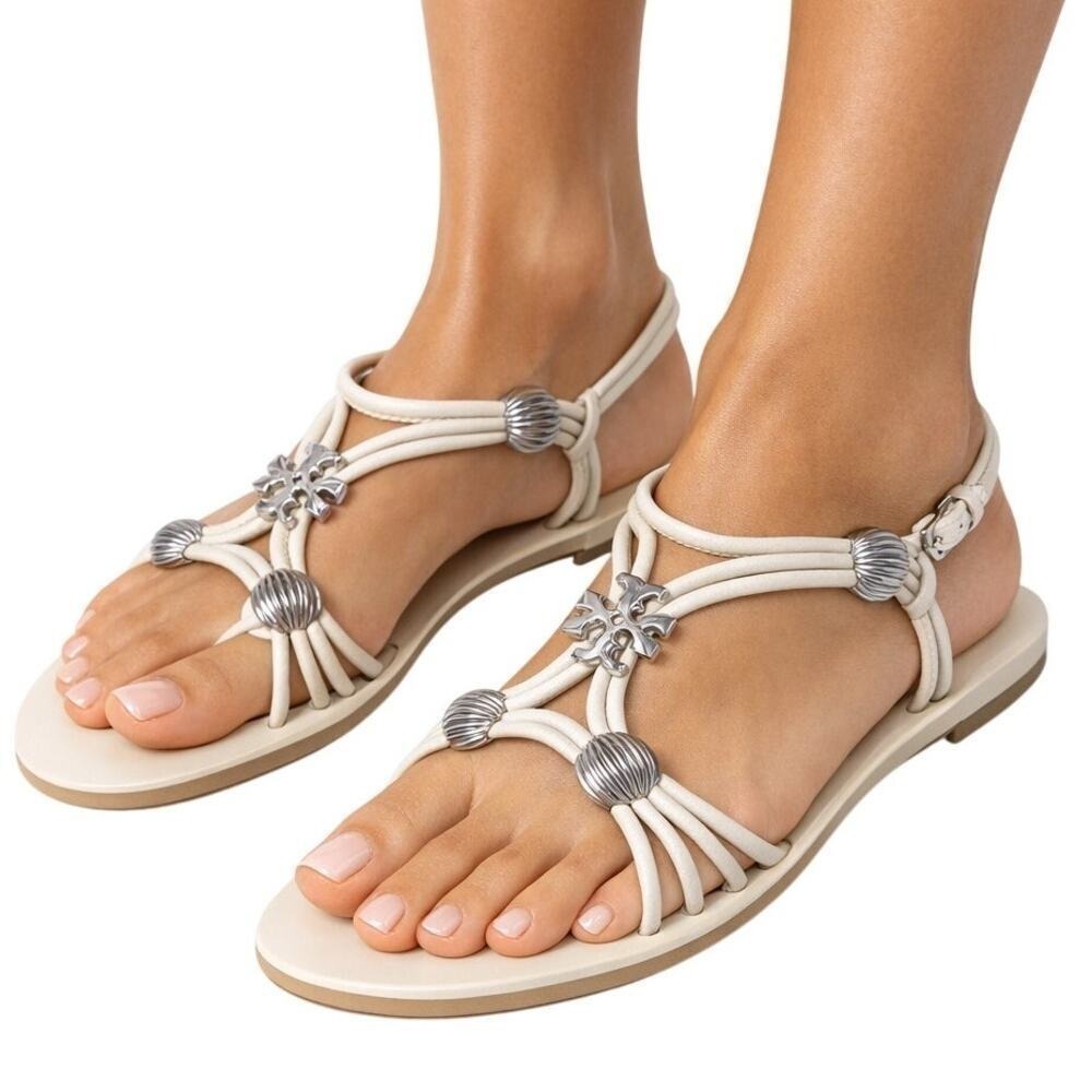 TORY BURCH CREAM LEATHER GLADIATOR SANDALS WITH SILVER HARDWARE NEW IN BOX